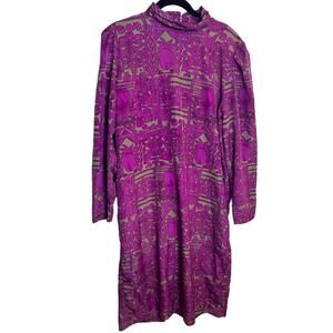 Taylor Sheath Purple Grey Pineapple Tropical Sheath Long Sleeve Dress Size 14
